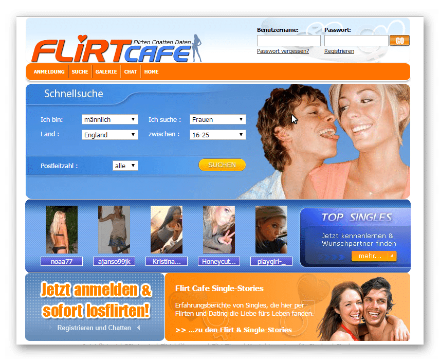 Die Singlebörse "Flirtcafe" (Screenshot vom August 2016)