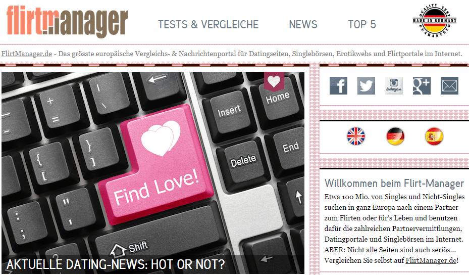 Europäisches Vergleichs- und Nachrichtenportal für Online Dating Themen 1 Flirtmanager (Screenshot 2014)