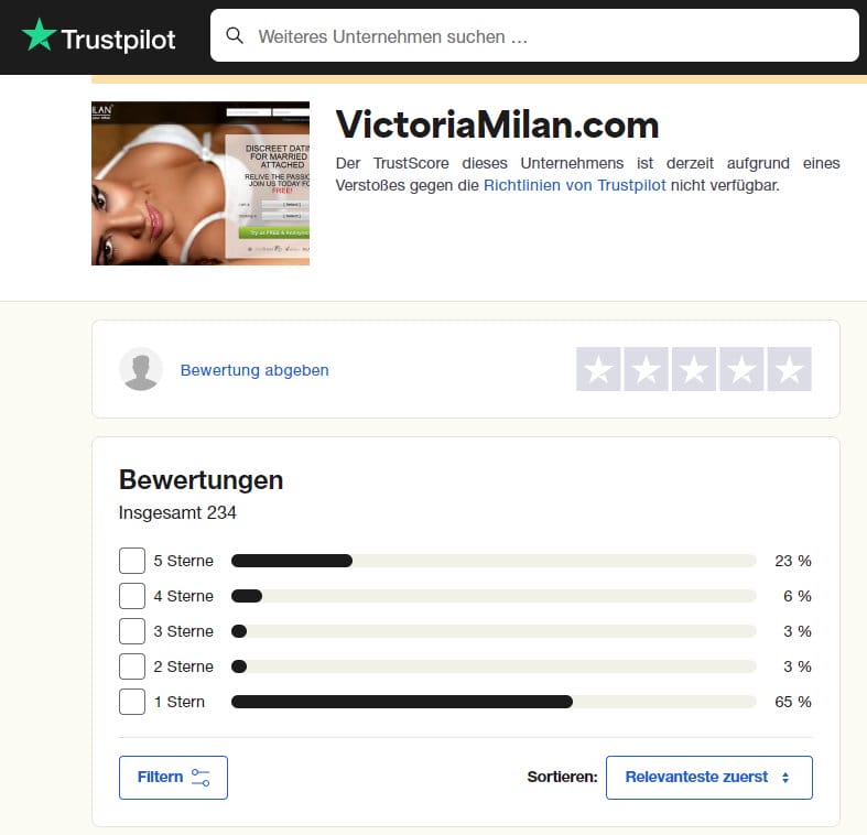 Bewertungsprofil von VictoriaMilan auf Trustpilot (Screenshot Januar 2024)