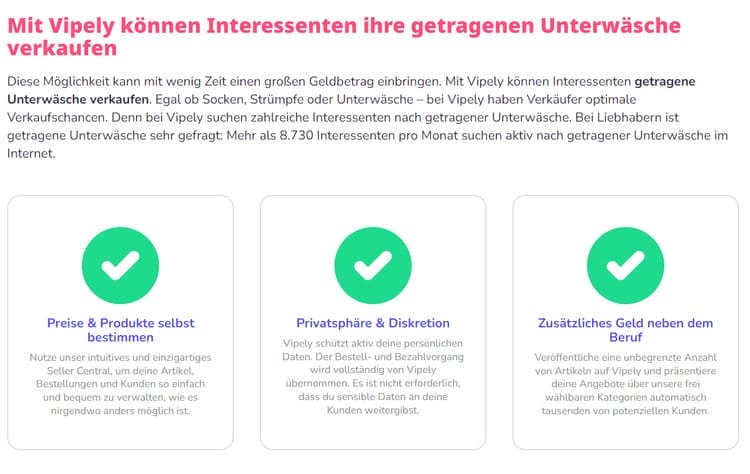 Mit spezialisierten Online Marktplätzen wie Vipely können Interessenten ihre getragenen Unterwäsche diskret und anonym verkaufen