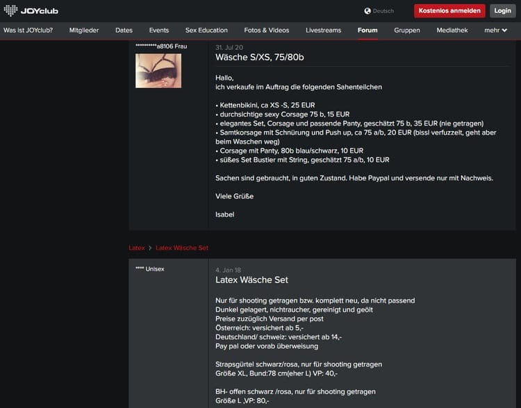 Dans le forum érotique JoyClub, la communauté fétichiste est très active pour discuter des sous-vêtements portés