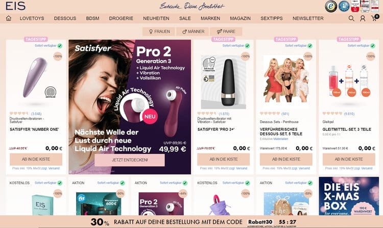 En la tienda erótica EIS.de se ofrecen regularmente grandes descuentos (hasta el 95%) en artículos eróticos, juguetes sexuales, vibradores y similares.