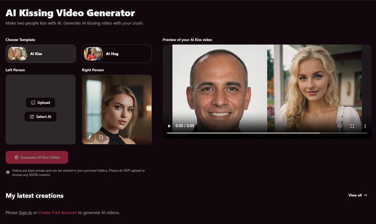 Mit dem AI Kissing Video Generator lassen sich realistische Kuss-Videos erstellen.
