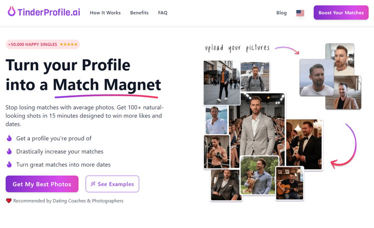 TinderProfile.ai liefert 100+ natürlich aussehende Fotos in 15 Minuten, die gezielt darauf optimiert sind, mehr Likes und Dates zu gewinnen.