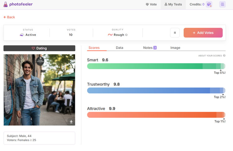 Ergebnisse unseres kostenlosen Tests bei Photofeeler (1 Woche lang aktiv).
